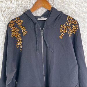 The Muses Lounge Beaded Zip Front Scuba Knit Hooded Sweatshirt Black XL Hoodie